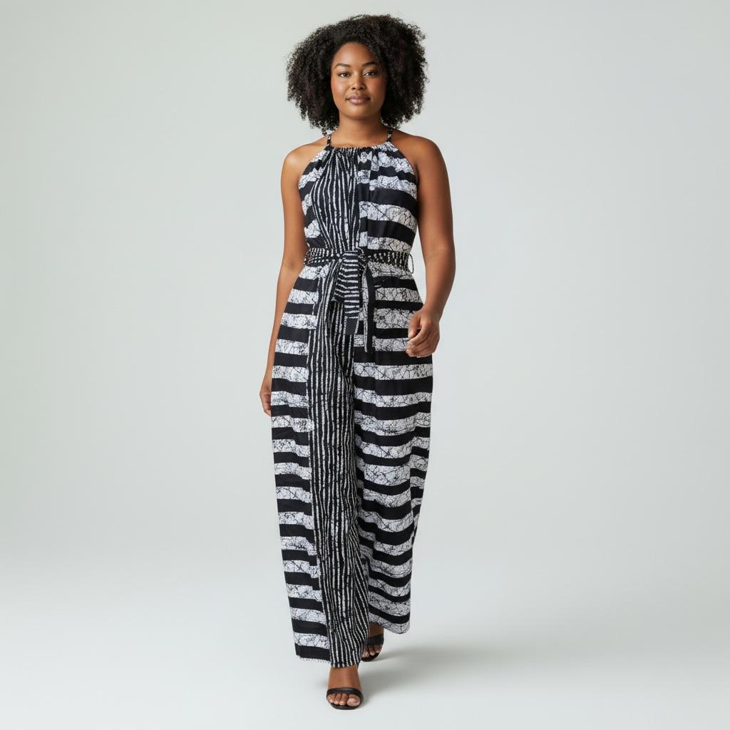 Zenani Ankara Jumpsuit - Black & White Striped