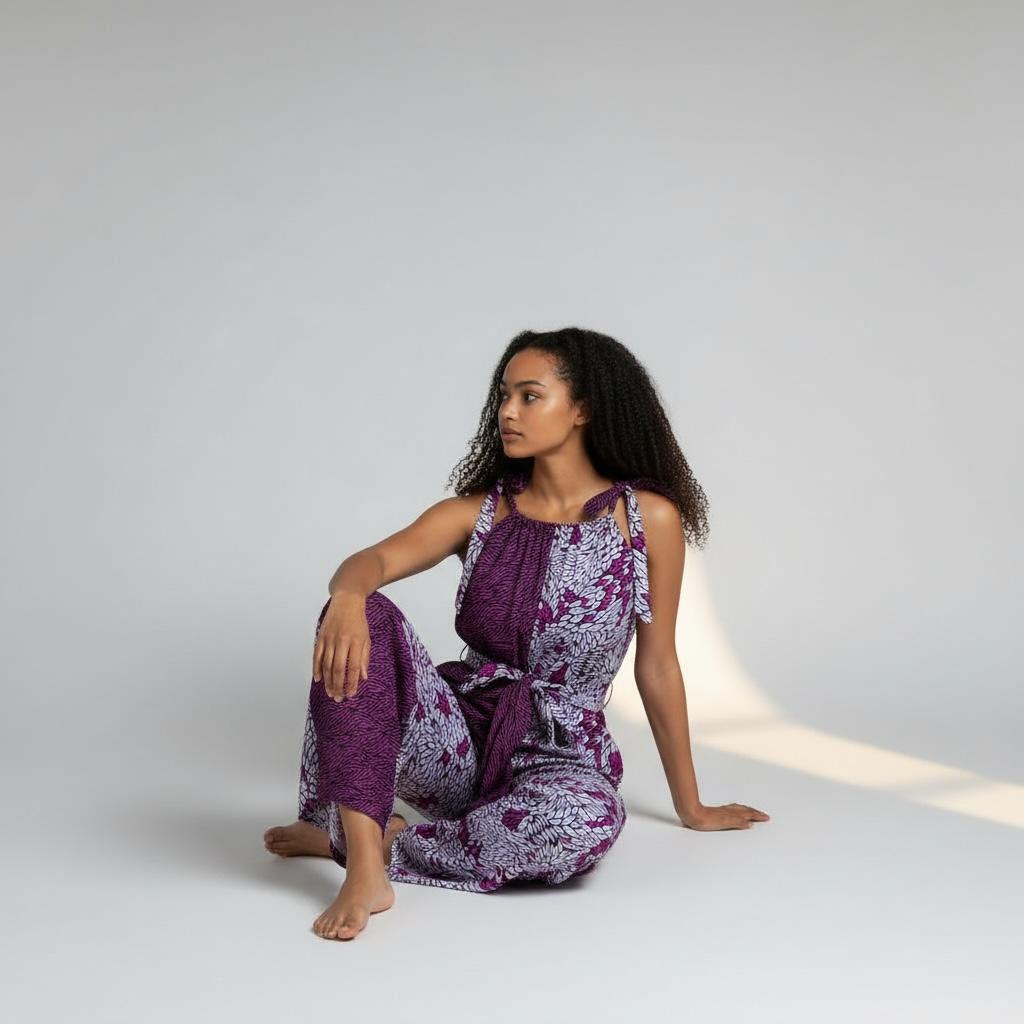 Zenani Ankara Jumpsuit - Purple & White