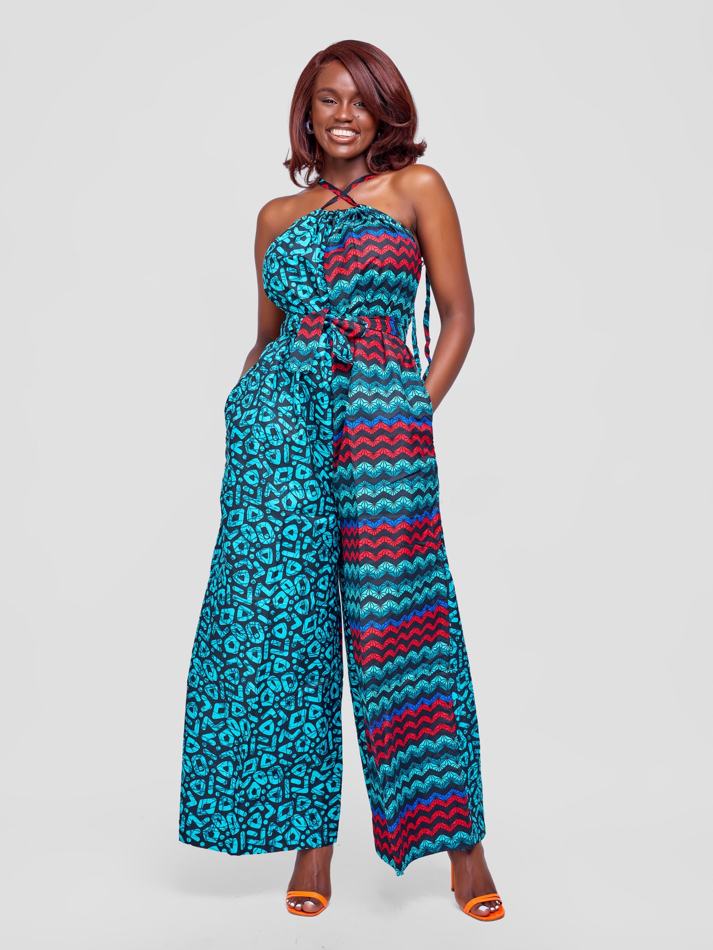 Zenani Ankara Jumpsuit - Aqua Blue & Red
