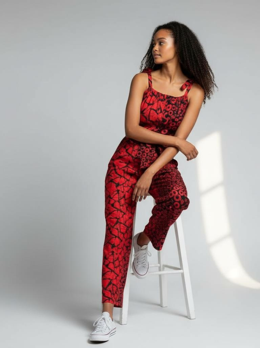 Zenani Ankara Jumpsuit - Red & Black
